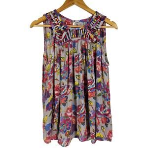 RANNA GILL WOMEN'S FLORAL PLEATED SLEEVELESS 100% RAYON BLOUSE TOP SIZE MEDIUM